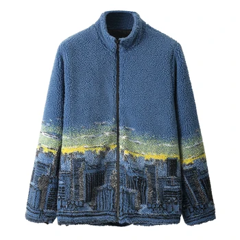 Куртки из овечьей шерсти в стиле хип-хоп с цветным блоком, мужская Уличная одежда, кардиган на молнии с принтом Cities View, пальто в стиле Харадзюку, Свободная пара, Верхняя одежда