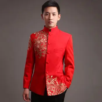 Традиционная китайская куртка жениха Тан, Винтажная одежда, Свадебное мужское красное пальто с вышивкой, топы Zhongshan