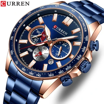 CURREN, новые спортивные часы с хронографом и ремешком из нержавеющей стали, модные брендовые кварцевые мужские наручные часы со светящимися стрелками 8418