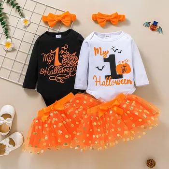 Костюмы PatPat на Хэллоуин, 3 шт., комбинезон с длинными рукавами и буквенным принтом для маленьких девочек и юбка-пачка в горошек, комплекты одежды для маленьких девочек