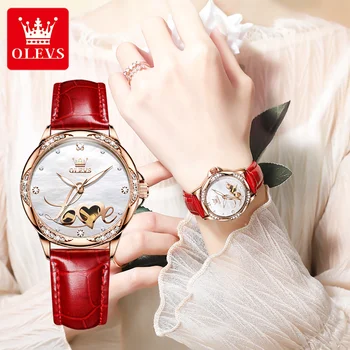 Механические часы для женщин с керамическим красным кожаным ремешком, Оригинальные наручные часы с автоматическим скелетоном и бриллиантами, Элегантные женские часы