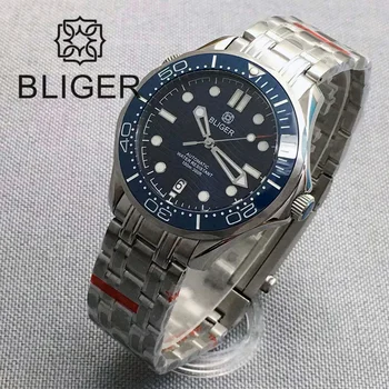 Мужские часы BLIGER 41 мм, автоматические механические наручные часы NH35, синий циферблат, керамический безель, Светящееся Водонепроницаемое окошко даты на 6 часов