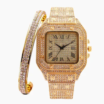 Iced Out Часы Браслет для Женщин Bling Miami Браслет Модные Простые Часы с Бриллиантами Женский Роскошный Золотой Набор Relojes Para Mujer