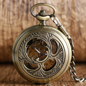 Классические Карманные часы с Ажурным Корпусом, Ручные механические, Винтажные Бронзовые Карманные часы с римскими цифрами, часы с черным циферблатом