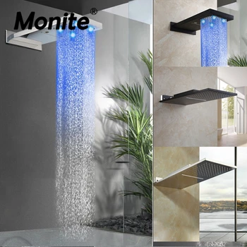 Monite Черная насадка для душа с дождевым водопадом Светодиодная насадка для душа Хромированный смеситель для душа со светодиодной подсветкой для ванной комнаты Квадратный верхний спрей