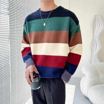 Цветной Полосатый теплый свитер в стиле пэчворк/Высококачественный Мужской Осенне-зимний пуловер с круглым вырезом, Удобный Свободный деловой повседневный вязаный пуловер