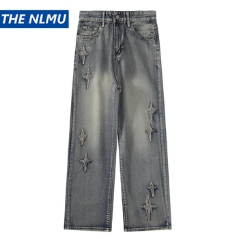 Винтаж джинсы Star лоскутное джинсовые брюки Мужские прямые брюки уличная одежда Харадзюку хип-хоп Y2K джинсы ретро