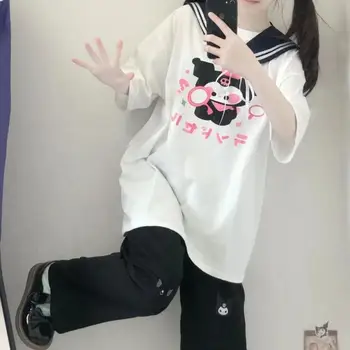 Костюм Kawaii Sanrio с коротким рукавом, милая мягкая футболка Sister Kuromi темно-синего цвета с коротким рукавом, черные широкие брюки, комплект из двух предметов