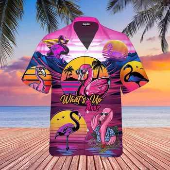 Obral Musim Panas Kaus Hawaii untuk Pria 3d Kartun Flamingo Kemeja Pria Pantai Kebesaran Lucu Pakaian Pria Mode Lengan Pendek
