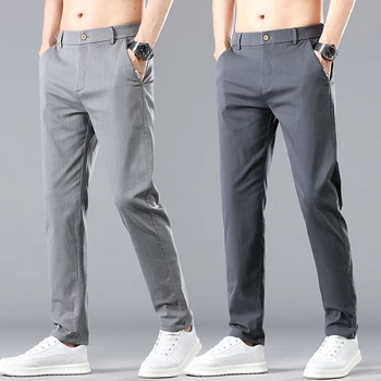 Классический стиль, Весна-лето, мужские тонкие повседневные брюки серого цвета, деловая мода, корейские однотонные брюки с эластичной резинкой на талии, мужские