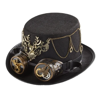Шляпа в стиле Стимпанк, цилиндр с цепочкой из шестеренок Лося, Винтажная шляпа с головой Оленя на Хэллоуин, Фетровая шляпа для Костюмированной вечеринки, очки, шляпы