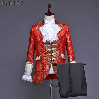 Мужской классический модный комплект из пяти предметов, костюм (куртка + брюки + жилет + белый воротник + рукава с цветами) Дворцовый Придворный Костюм Принца для Косплея Красный