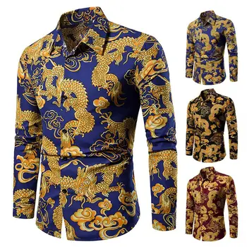 Мужская рубашка в китайском стиле с принтом могучего дракона, отложной воротник, весенняя футболка для повседневной носки