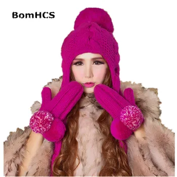 Большой теплый зимний шарф BomHCS, шапочка и перчатки (2 шт.), 100% Ручная работа, женский красивый розовый вязаный шейный платок, шапка, варежки, подарок