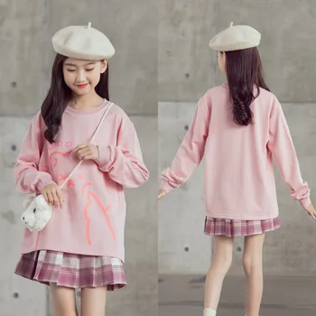 Детская одежда, Корейский Милый пуловер с длинными рукавами, топ + плиссированная клетчатая юбка, Комплект одежды для девочек-подростков 10, 12, 14 лет