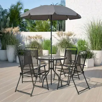 Нантакет, 6 предметов, черный садовый набор для патио, столик с зонтиком и набор из 4 складных стульев