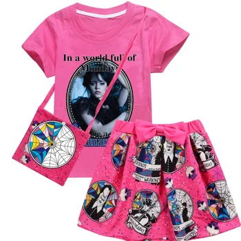 Детский костюм Wandinha Wednesday Addams для маленьких девочек, футболка с героями мультфильмов, Юбки с бантом, комплекты из 2 предметов, одежда для маленьких девочек, одежда с короткими рукавами