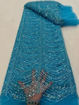 Модная синяя Кружевная Ткань с африканскими блестками, Роскошная Французская Нигерийская кружевная ткань с сеткой из бисера Высокого качества Для Свадебного платья