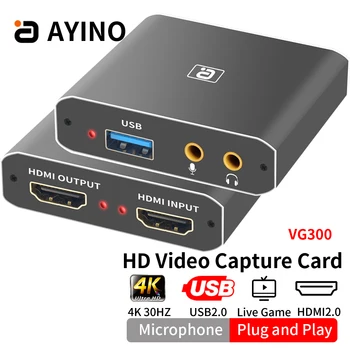 AYINO VG300 HDMI-Совместимая USB-карта Видеозахвата 4K с Аудиомикрофоном Для записи игр на ПК в режиме прямой трансляции Grabber Recorder