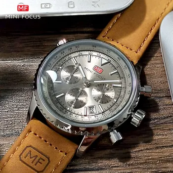 Кварцевые часы с хронографом MINI FOCUS, Мужские наручные часы с коричневым кожаным ремешком, водонепроницаемые наручные часы с автоматической датой, 24-часовой световой индикатор Hans 0463