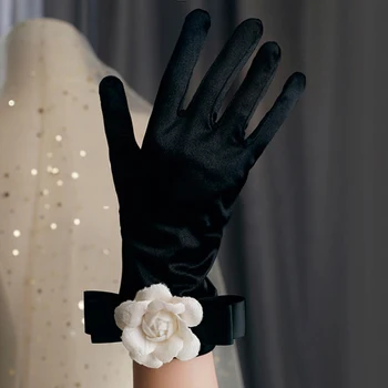 Корейский Сплошной Цвет, Атлас с цветочным Рисунком, Черный Бант, Студийные Фотомодельные перчатки для Свадебного платья, Женские Летние Солнцезащитные перчатки для вождения, S95