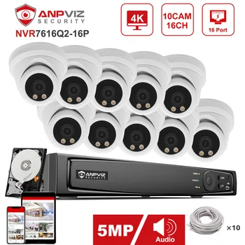 Anpviz 16CH 4K NVR 10шт 5-Мегапиксельная Турельная POE IP-камера Система Внутренней/Наружной IP-камеры CCTV Комплект Видеонаблюдения IP66 30m Пульт дистанционного Управления