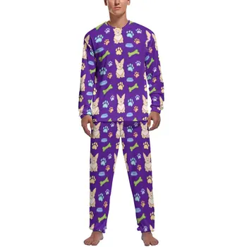 Милая пижама с принтом корги, длинный рукав, цветные лапки, 2 предмета, эстетичный пижамный комплект, Осенняя мужская графическая романтическая одежда для сна