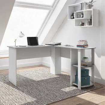 Современный L-образный стол с боковыми полками, серый Компьютерный офисный стол