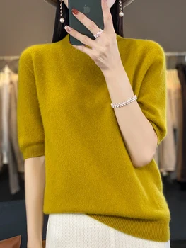 Бесшовный вязаный базовый свитер с короткими рукавами для женщин, Пуловер из 100% шерсти, Модный жилет средней высоты, Тонкая футболка, Весна и