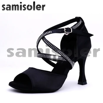 Samisoler/ Женские туфли для бальных танцев в атласном стиле, черные Вечерние женские туфли для танцев, черные женские туфли для латиноамериканских танцев