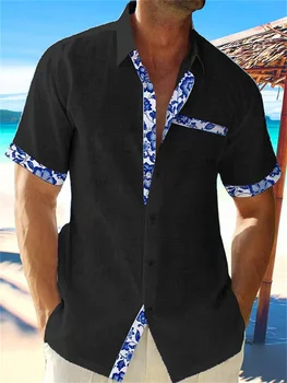 Летняя новая черная льняная рубашка, мужская гавайская рубашка, повседневная однотонная пляжная рубашка с коротким рукавом, рубашка размера плюс, 7 цветов, S-5XL 2023
