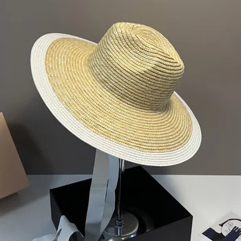 Классическая панама, соломенная шляпа для женщин, бежево-белая, в стиле пэчворк, летняя солнцезащитная шляпа с широкими полями, галстук-лента, фетровые шляпы для пляжных путешествий и вечеринок