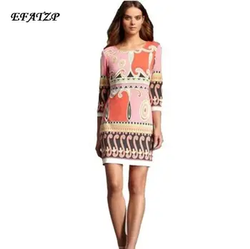EFATZP Europe Top Fashion Винтажное платье с богемным принтом, воротник-косая черта, стрейч-джерси, шелковые платья