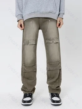 Свободные Джинсовые брюки с несколькими карманами, мужские Уличные Выстиранные Потертые брюки с прямыми штанинами, ретро-джинсы, Мужские брюки, Мешковатые джинсы, Деним