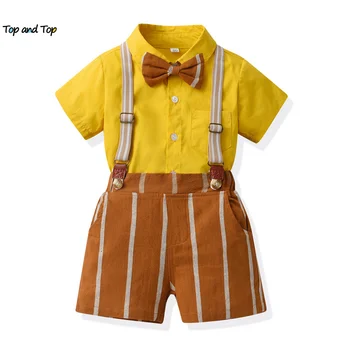 летние комплекты повседневной одежды для маленьких Мальчиков, Шорты, Рубашка с рукавом-бабочкой, Топы + Шорты на Подтяжках, Костюмы Для Маленьких мальчиков