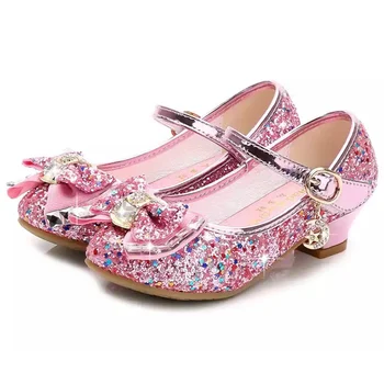 Детская обувь принцессы из искусственной кожи для девочек, обувь на высоком каблуке с цветочным рисунком, детская обувь с бабочкой и узлом, обувь для вечеринок, танцевальная обувь, размер 26-38