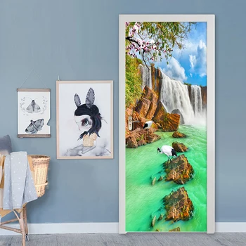 DIY ПВХ самоклеящаяся 3D наклейка на дверь Водопады Лесной пейзаж Фотообои Фрески Гостиная Спальня Креативный Домашний декор