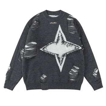 Рваный вязаный свитер большого размера в стиле хип-хоп, мужской пуловер Harakuju, уличная одежда, топы, однотонные
