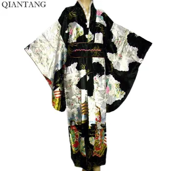 Черное Японское женское Кимоно из Вискозы с принтом Юката Хаори с поясом Кардиган Костюм Самурая Одежда для Косплея Mujeres Quimono