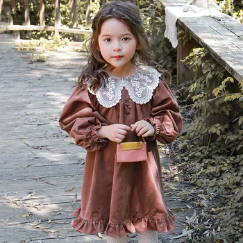 Элегантные платья для девочек 2023 г., Осенняя детская модная юбка в западном стиле с кружевным воротником и деревянными ушками, юбка 
