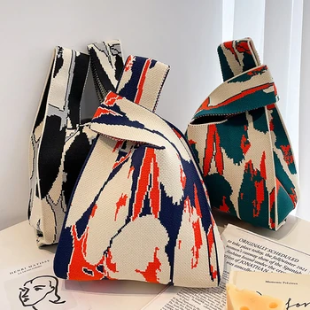 Женская сумочка ручной вязки, мини-сумка на запястье с узлом, женская повседневная цветная сумка в широкую полоску, студенческая многоразовая сумка для покупок