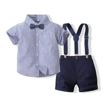 Летняя Одежда 2022 из 2 предметов, одежда для маленьких мальчиков, Повседневная Хлопковая детская рубашка в полоску с бантом и джентльменом + Шорты, Комплект детской одежды BC2191