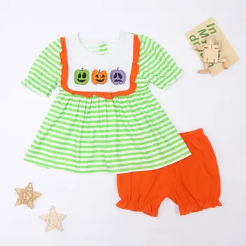 Новая летняя стильная одежда для маленьких девочек, детский бутик на Хэллоуин, зеленый наряд, хлопковая гримаса в виде тыквы, оранжевый милый комплект