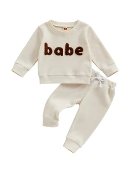 Комплект из 2 предметов для новорожденных мальчиков, рубашка с вышивкой буквами, круглый вырез и вафельные штаны на завязках